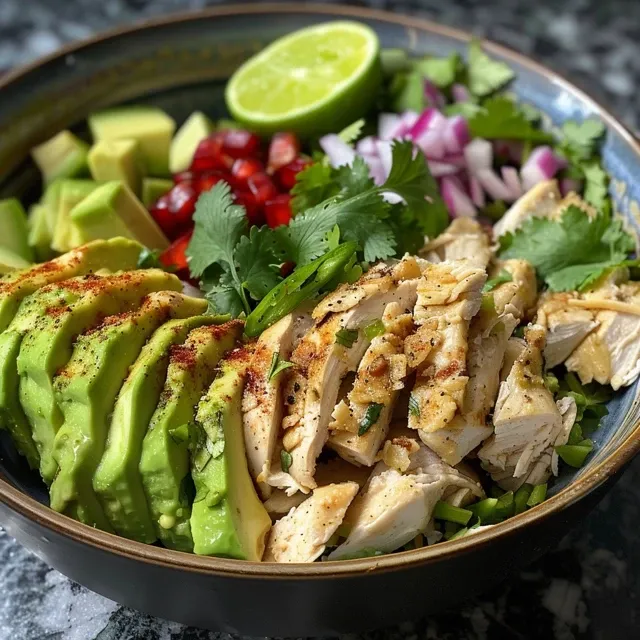 Primer plano de una ensalada saludable de pollo y aguacate en un plato.