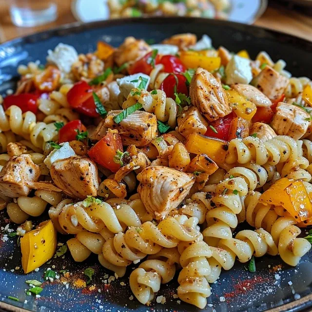 Vista lateral de una ensalada colorida de pasta con pollo y aderezo de yogur.