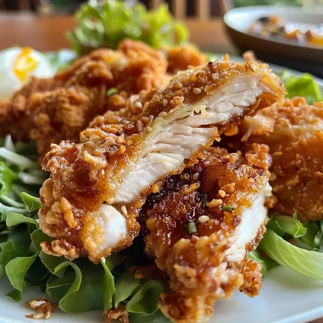 Vista lateral de pollo frito coreano, dorado y crujiente, sobre un fondo neutro.