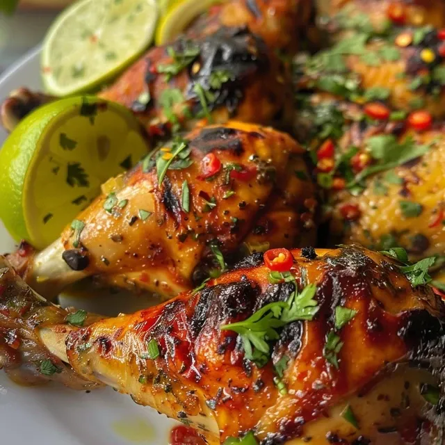 Close-up de un pollo asado dorado, con verduras asadas al lado.