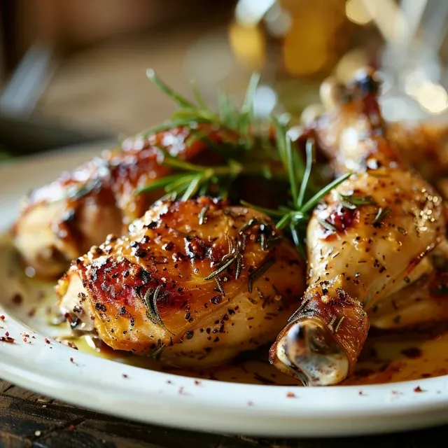 Vista lateral de muslos de pollo jugosos, brillantes por la miel.