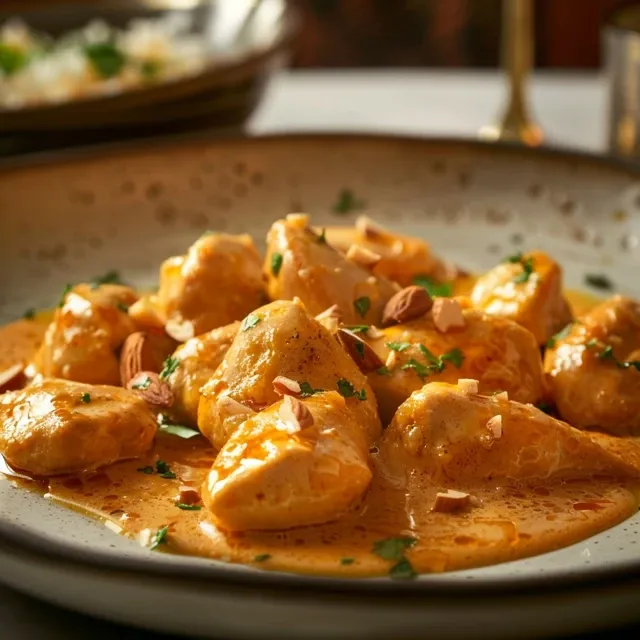 Close up de Pollo Con Almendras, con trozos jugosos y almendras tostadas.