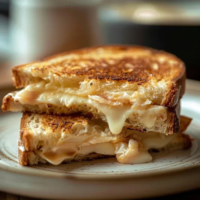 Primer plano de un delicioso sándwich de pollo gratinado, con ingredientes visibles.