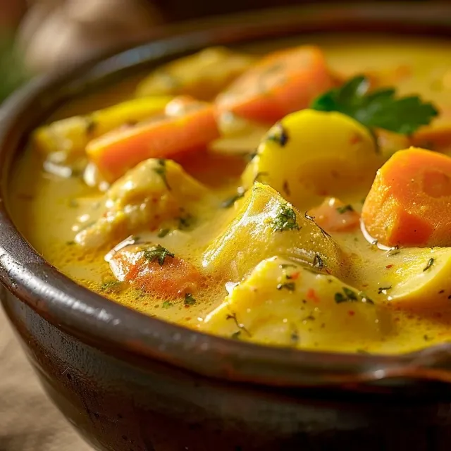 Vista lateral de Pollo guisado servido con patatas al macis.