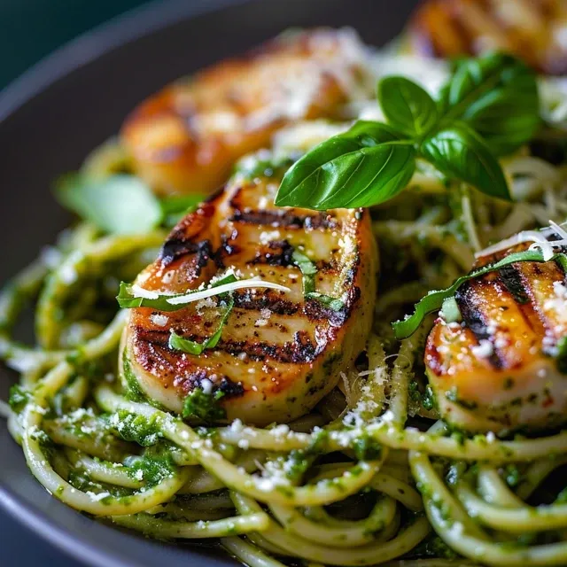 Primer plano de pasta al pesto con pechugas de pollo jugosas y queso parmesano.