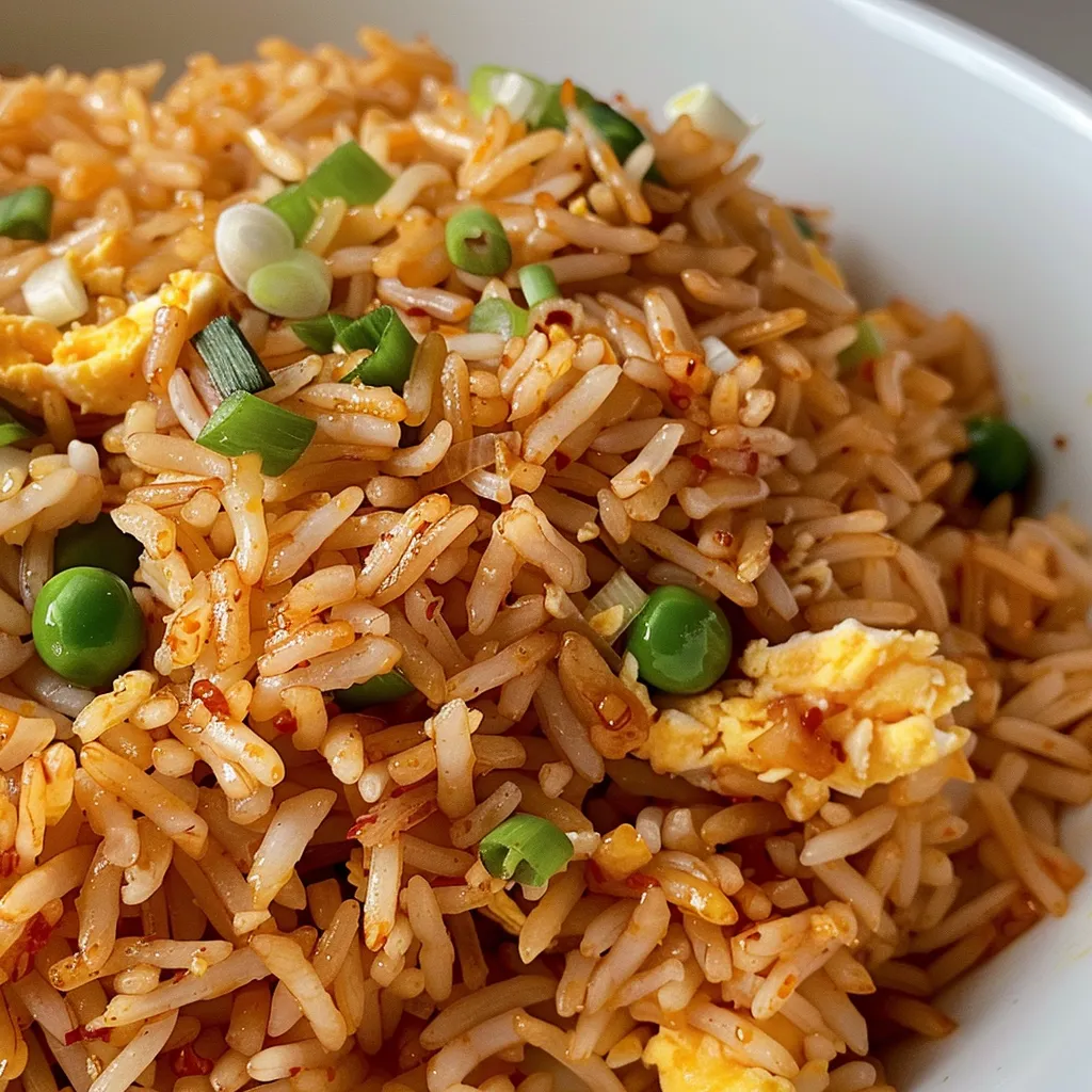 Primer plano de arroz frito con verduras y huevo.