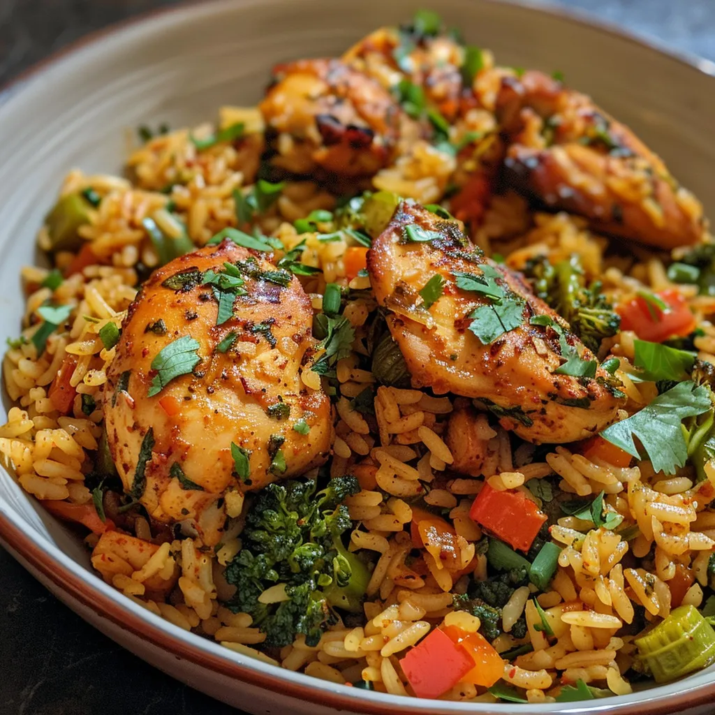 Tazón de arroz con pollo y brócoli, presentado de lado.