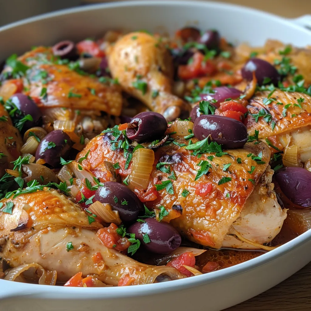 Un primer plano de un plato de Cacciatore de Pollo con tomates y aceitunas.