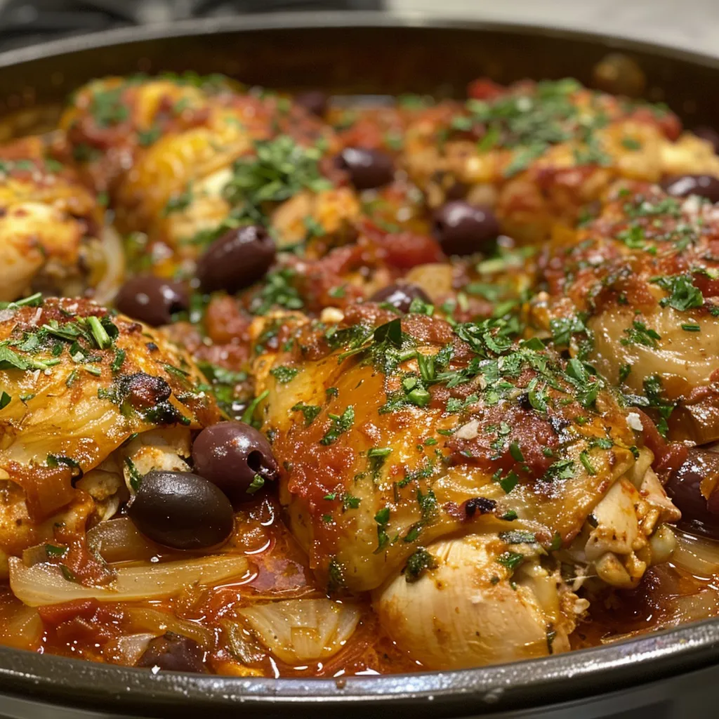 Vista lateral de una deliciosa cacerola de pollo con salsa de tomate y aceitunas.