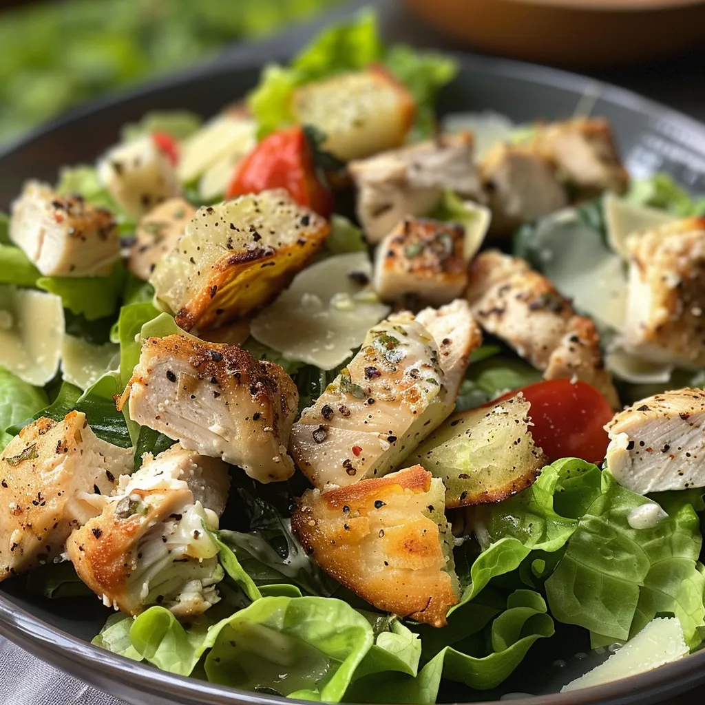 Ensalada César con pollo en un plato, mostrando lechuga, pollo y aderezo.
