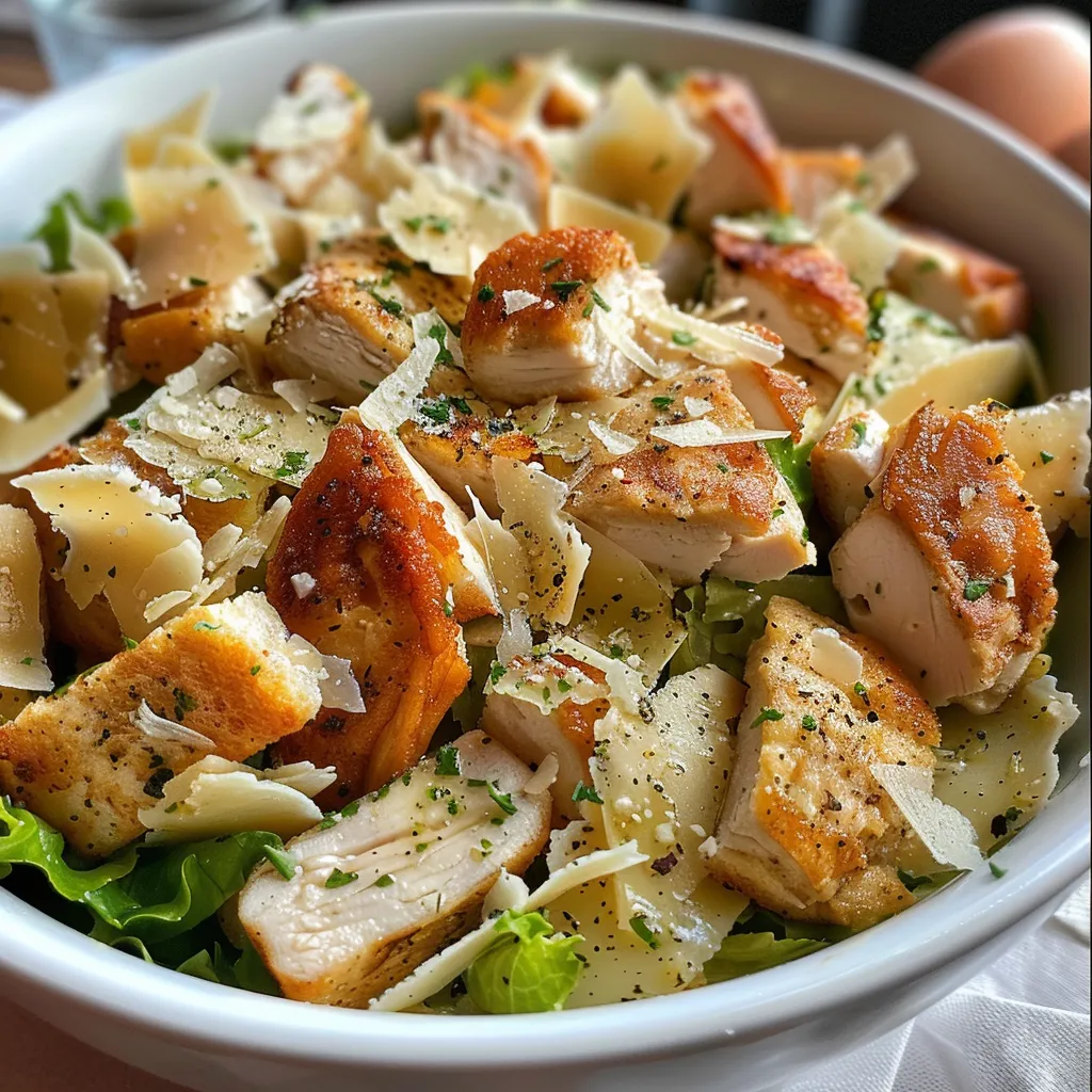 Ensalada César de pollo con lechuga romana y trozos de pollo.