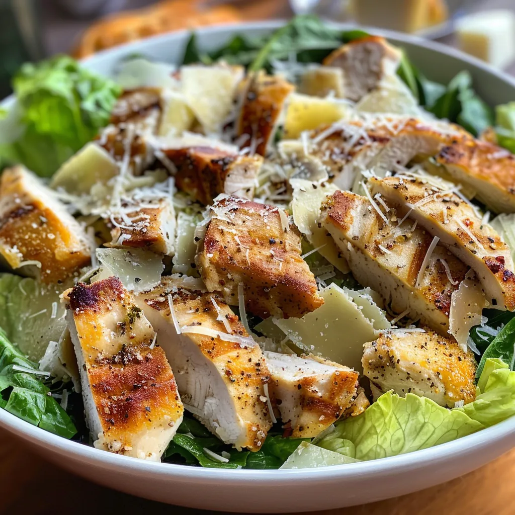 Primer plano de una deliciosa ensalada César con pollo y queso parmesano.