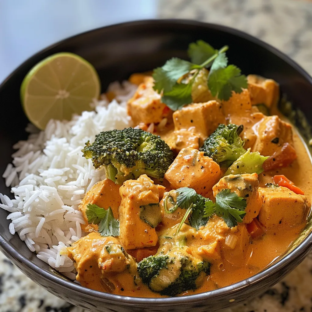 Imagen de un plato de curry de pollo con brócoli y arroz basmati, visto desde un lado.