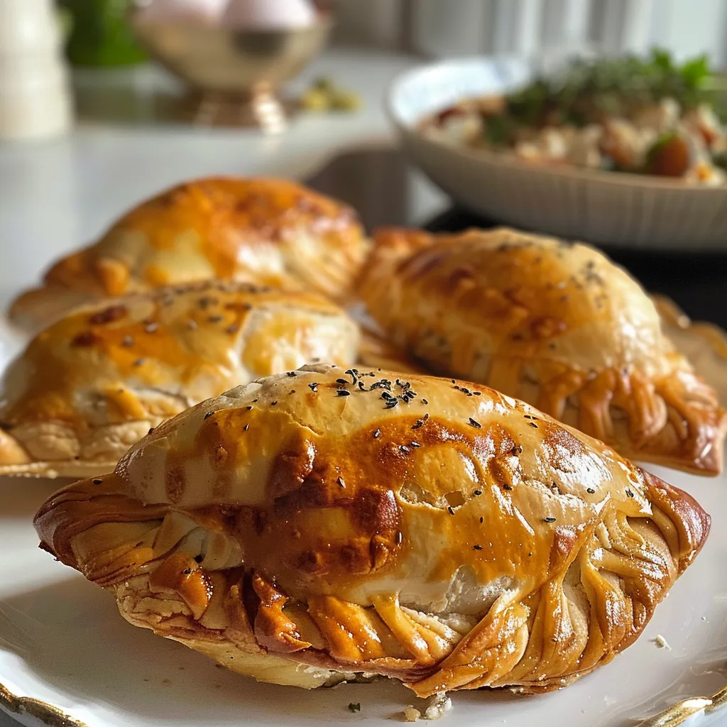 Empanadas caseras de pollo recién horneadas, mostrando su relleno jugoso.