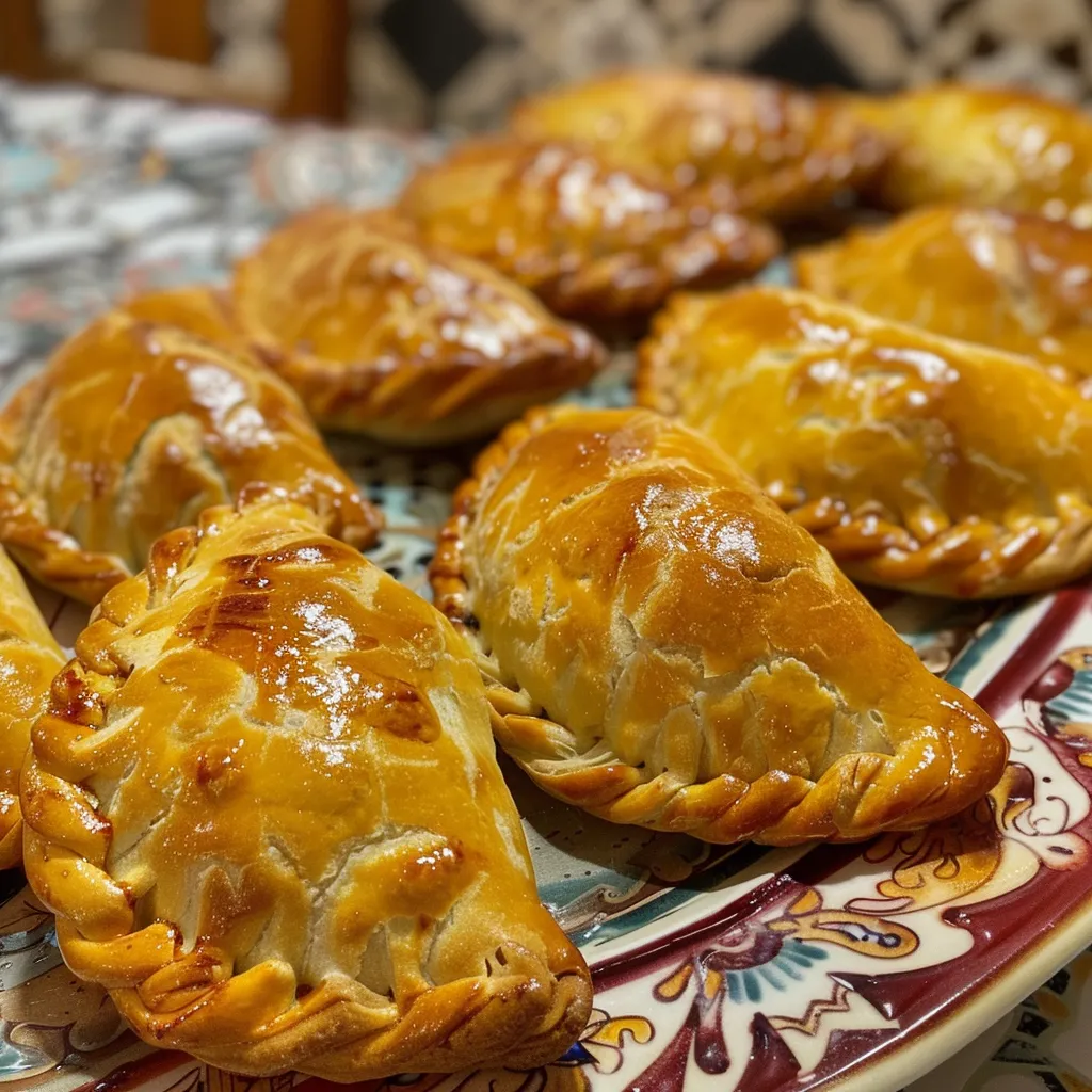 Empanadas de pollo jugosas en un plato, mostrando su dorada textura crujiente.