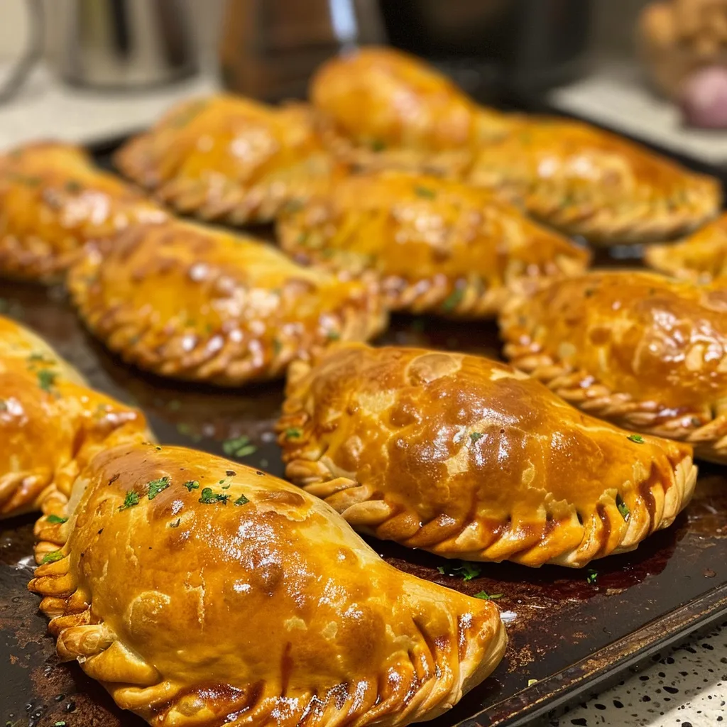 Primer plano de empanadas de pollo, con un relleno suculento y colorido visible.