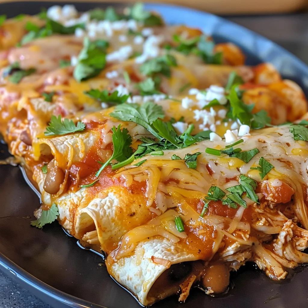 Detalle de un plato de Chicken Enchilada Bake con salsas y capas visibles.