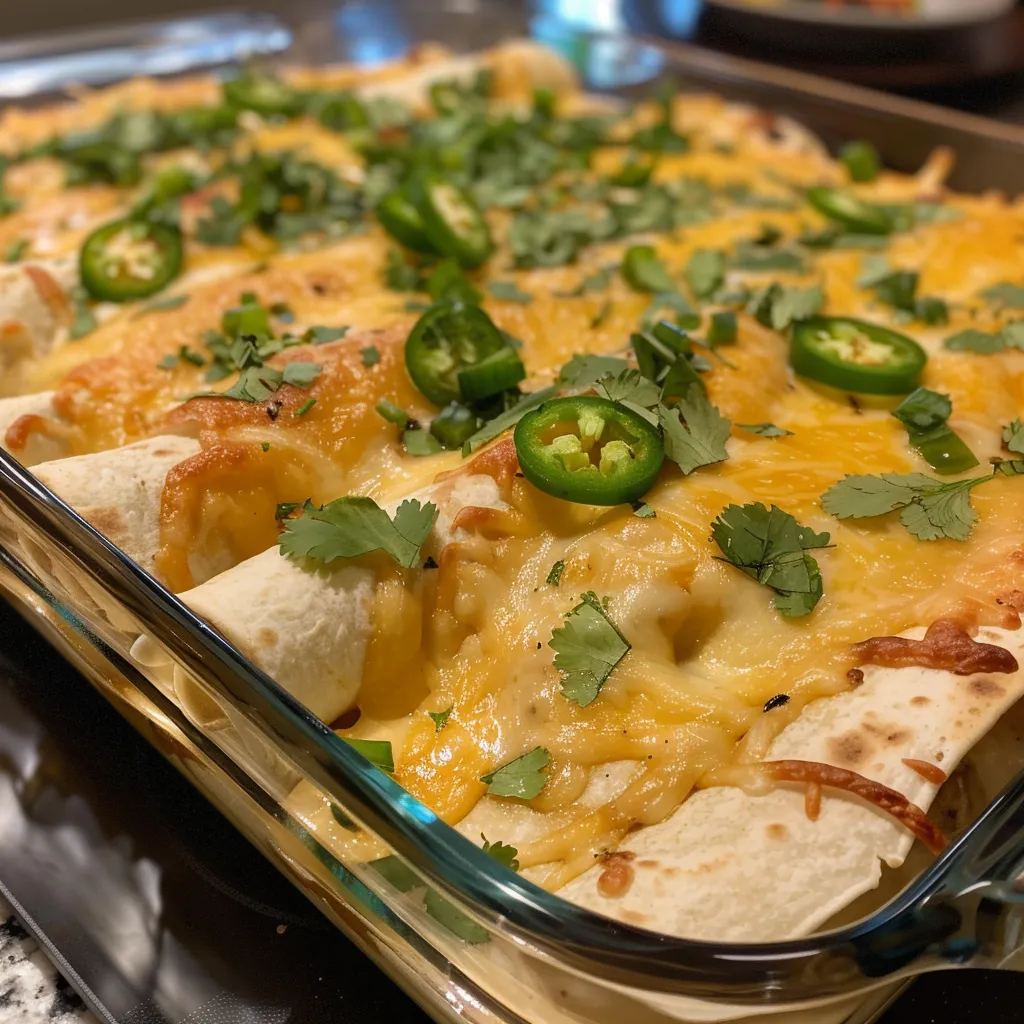 Enchiladas de pollo con jalapeños, queso derretido y salsa cremosa.