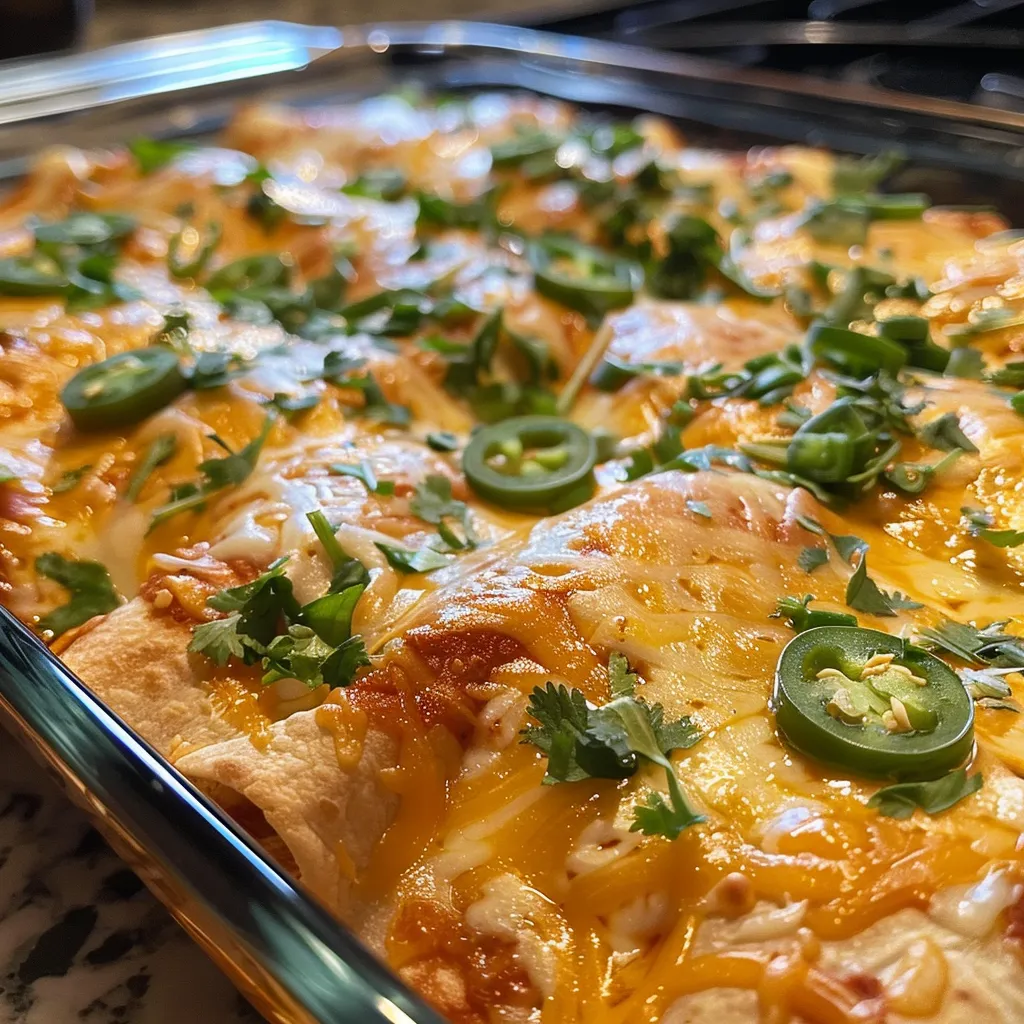 Close-up de enchiladas rellenas de pollo, cubiertas con jalapeños y queso.