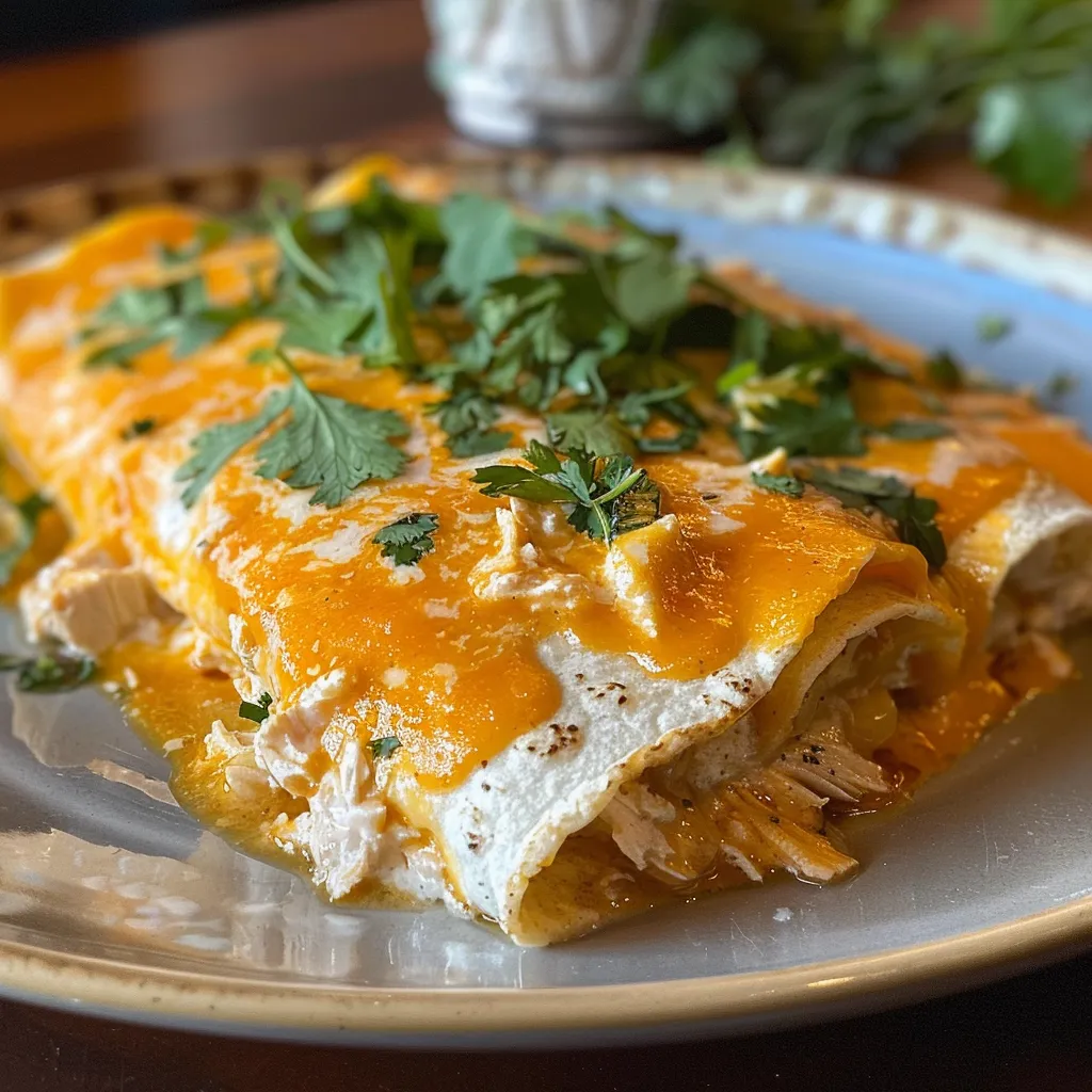 Enchiladas de pollo con salsa blanca en un plato, mostrando su textura cremosa.