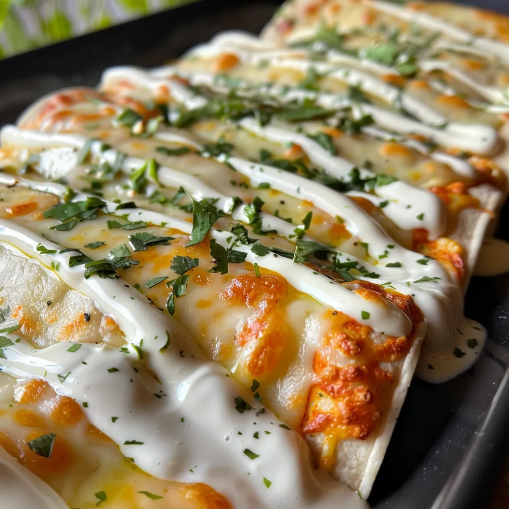 Vista lateral de enchiladas de pollo cubiertas con crema y queso, decoradas con cebolla.