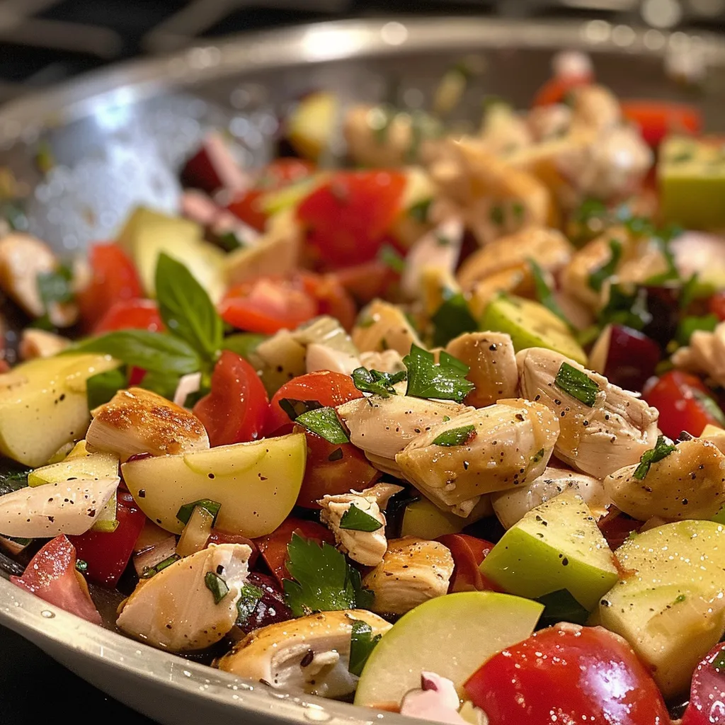 Ensalada con manzanas verdes, pollo y nueces en un plato.