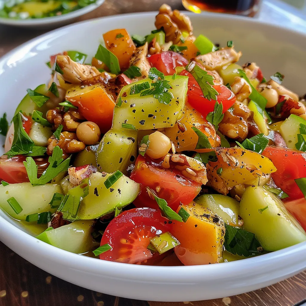 Placa lateral de ensalada fresca con pollo y nueces.