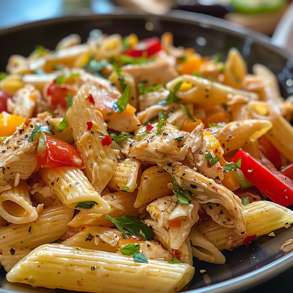 Ensalada de pasta con pollo, vista lateral, mostrando ingredientes frescos.