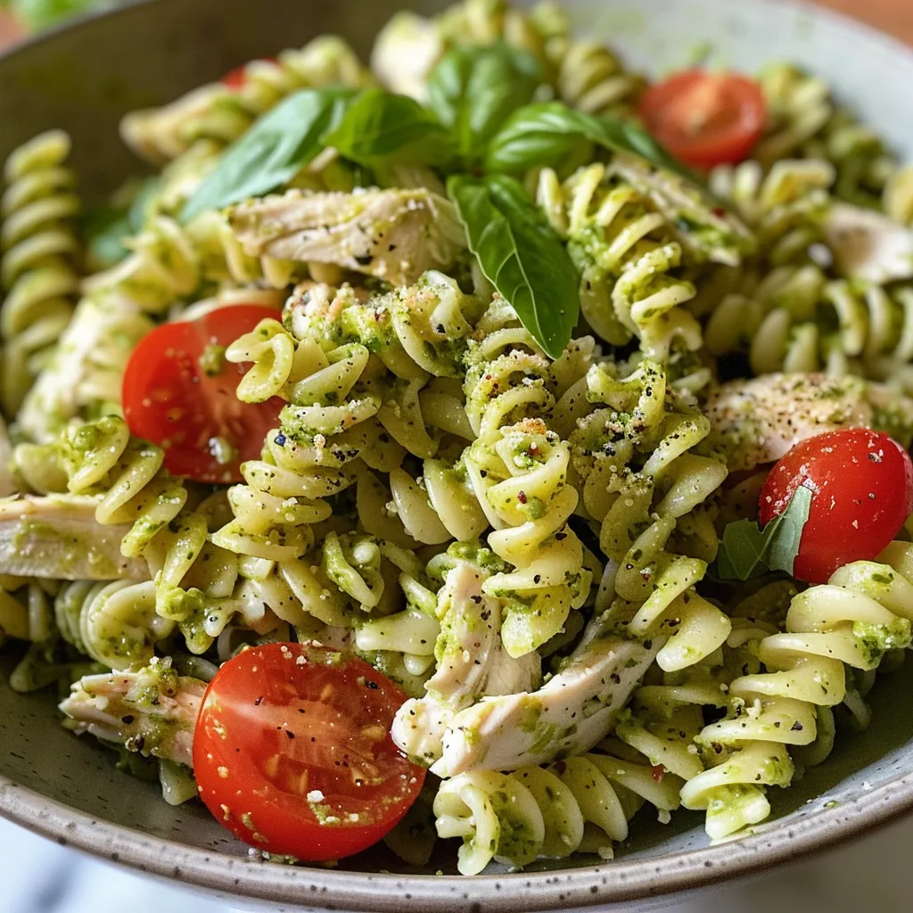 Tazón de ensalada de pasta, con pollo, pesto y vegetales frescos.