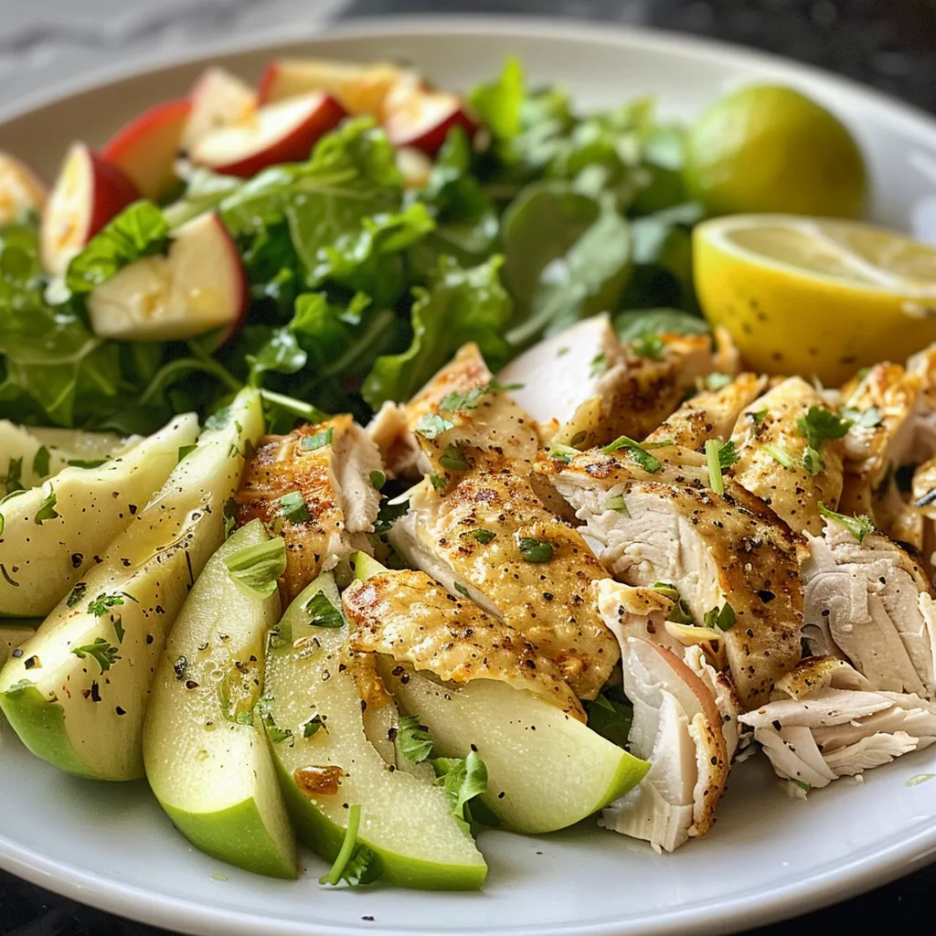 Ensalada de pollo con manzana presentada en un plato blanco.
