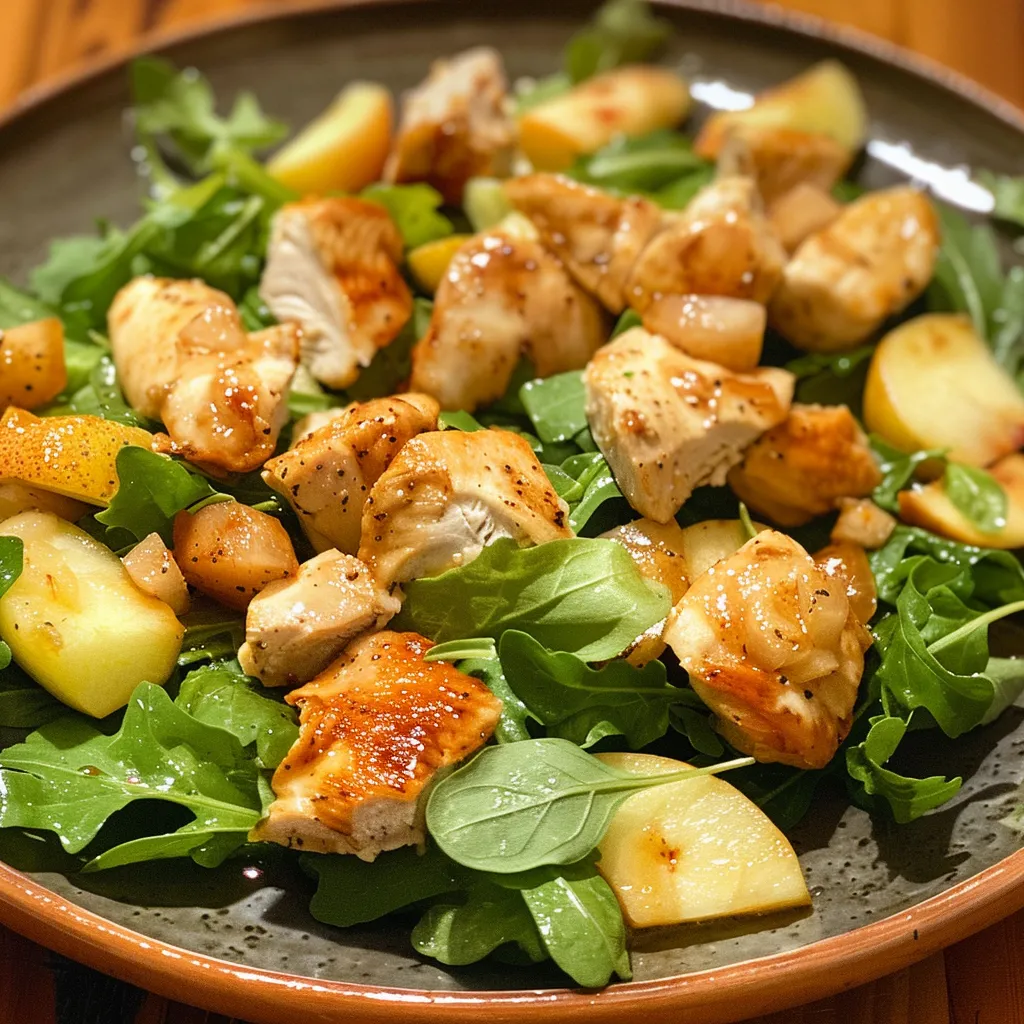 Primer plano de ensalada de pollo con manzana y lechuga, decorada con nueces.