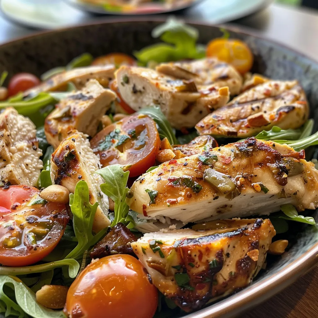 Vista lateral de una ensalada colorida con pollo empanado y semillas de sésamo.