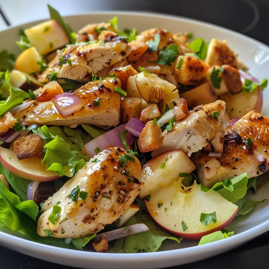 Close up de ensalada con pollo, manzana y aderezo.