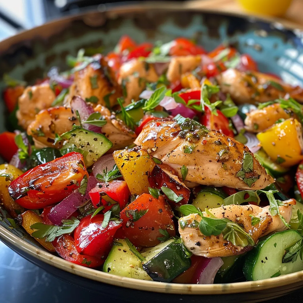 Ensalada de pollo con verduras asadas, vista lateral.