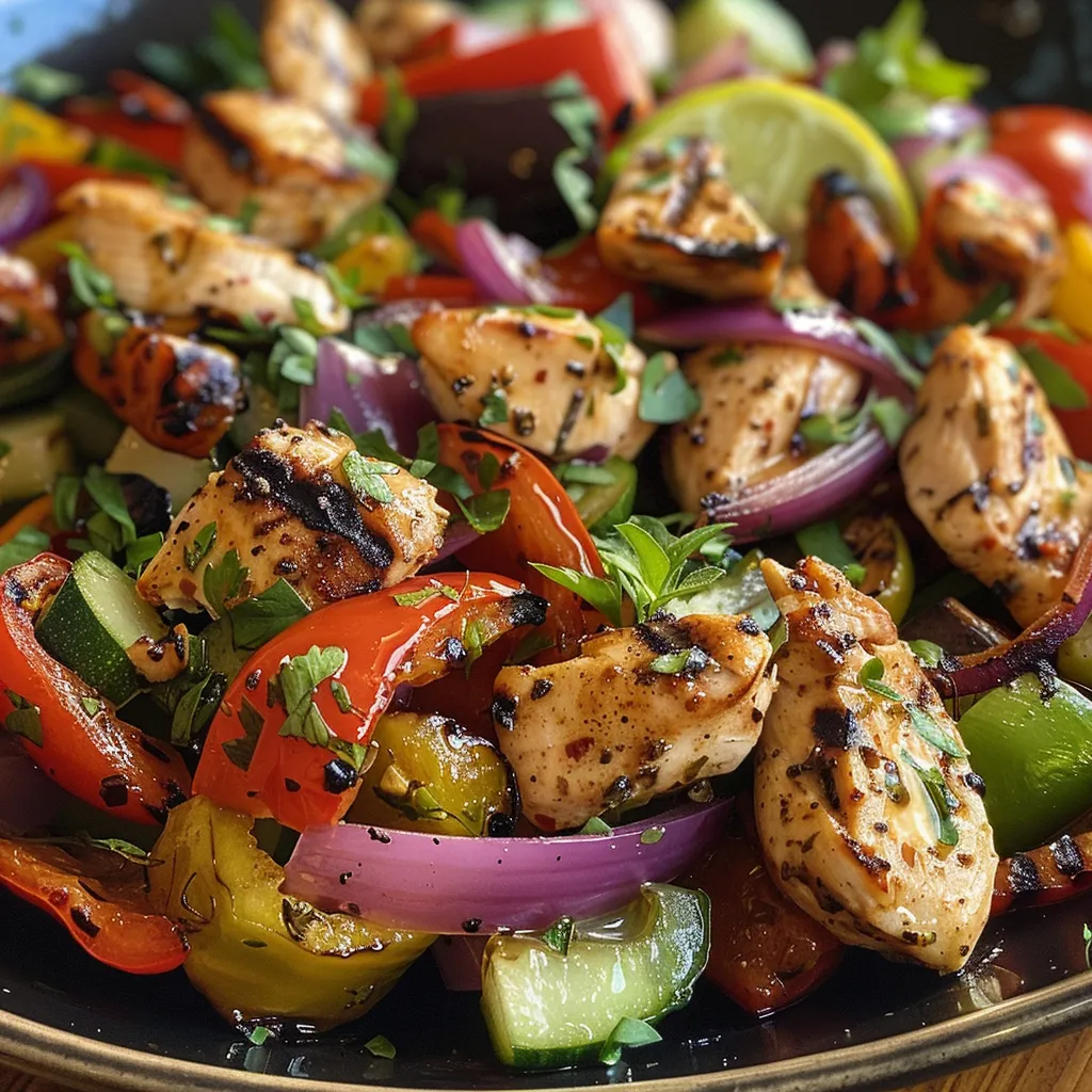 Pechugas de pollo y vegetales grillados en un tazón.