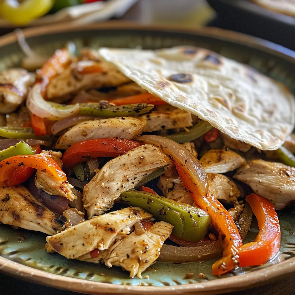 Fajitas de pollo jugosas con pimientos y cebolla, servidas en tortillas.
