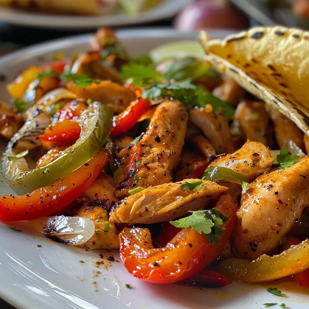 Primer plano de fajitas de pollo recién preparadas en un plato colorido.