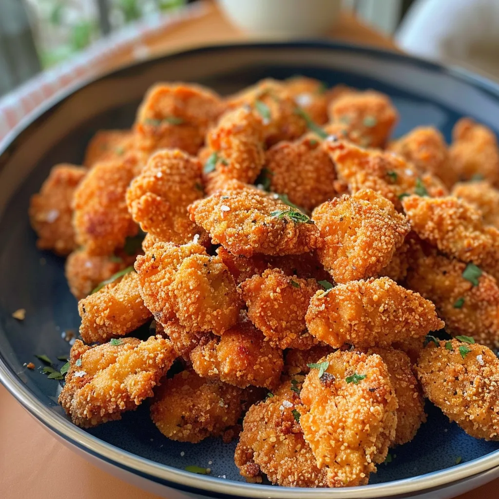 Primer plano de nuggets de pollo recién cocidos en una cesta de air fryer.