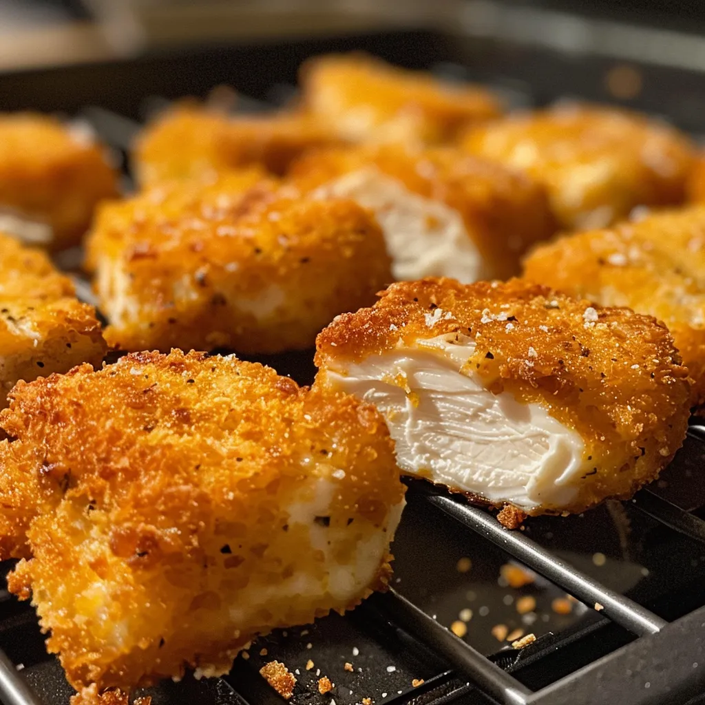 Deliciosos Nuggets de pollo freídos en aire con textura dorada.