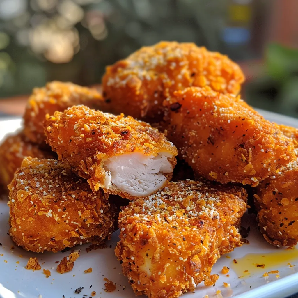 Plato de nuggets de pollo recién cocinados, con una textura jugosa.