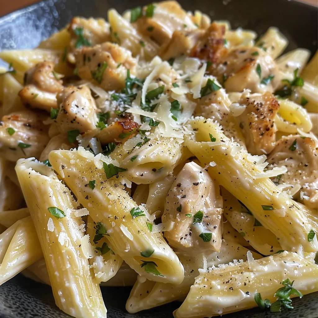 Tazón de pasta con pollo al ajillo y queso parmesano, con ajo visible.