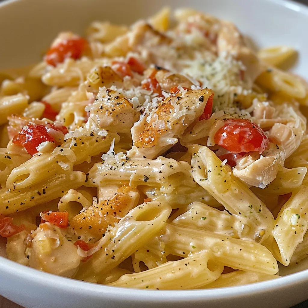 Primer plano de un plato de pasta cremosa de pollo con pesto y tomates secos.