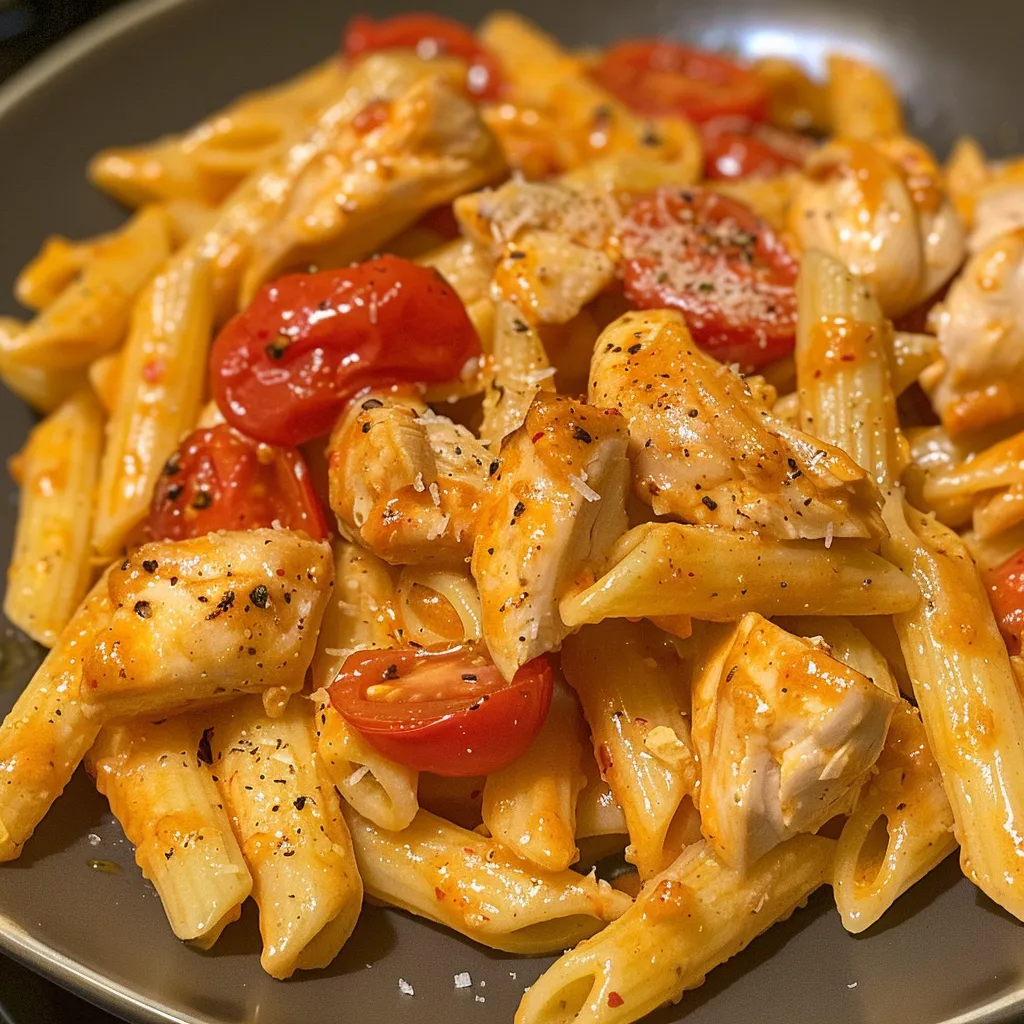 Pasta con pollo y pesto, decorada con albahaca fresca.