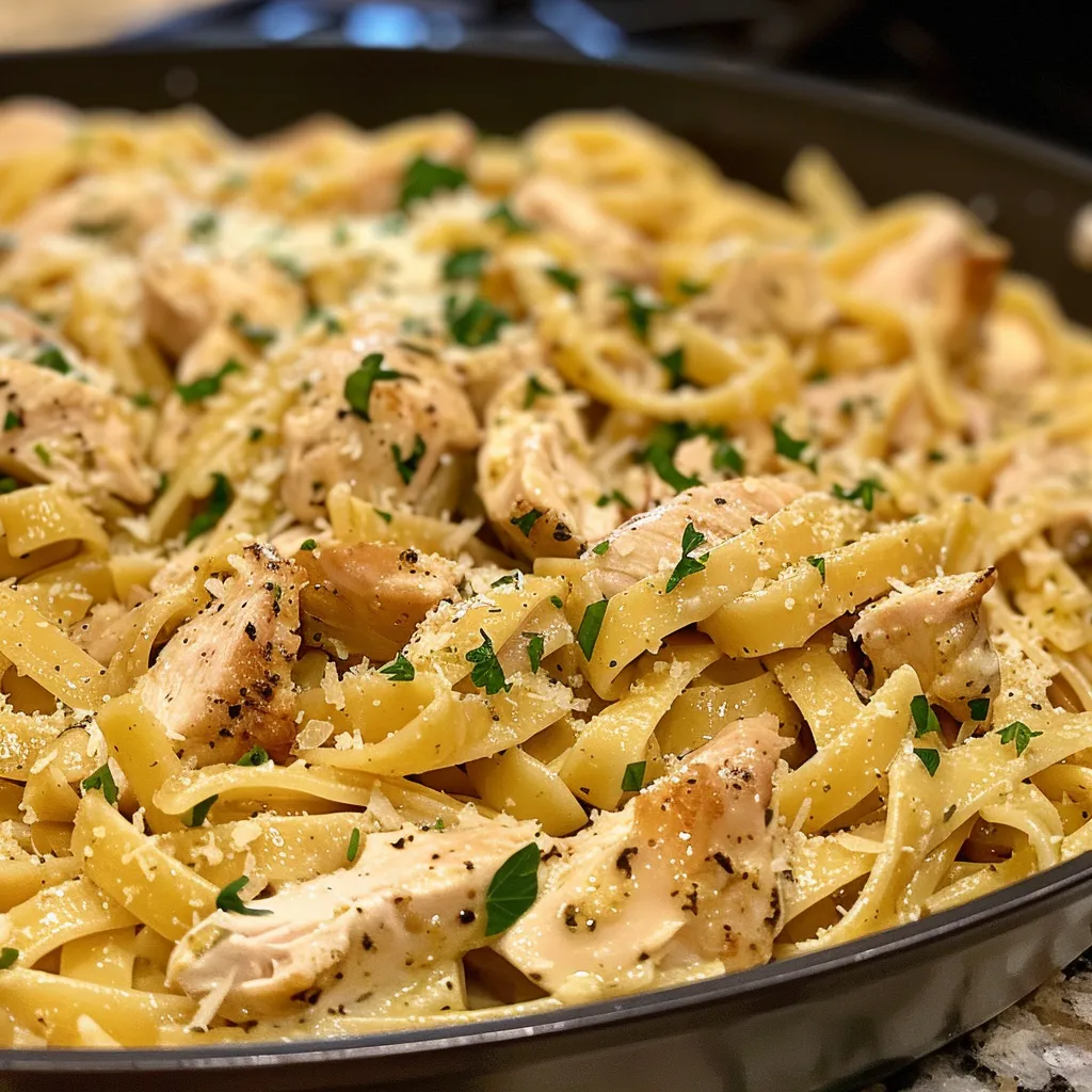 Close-up of Lemon Chicken Pasta with juicy chicken and garnished with parsley.
