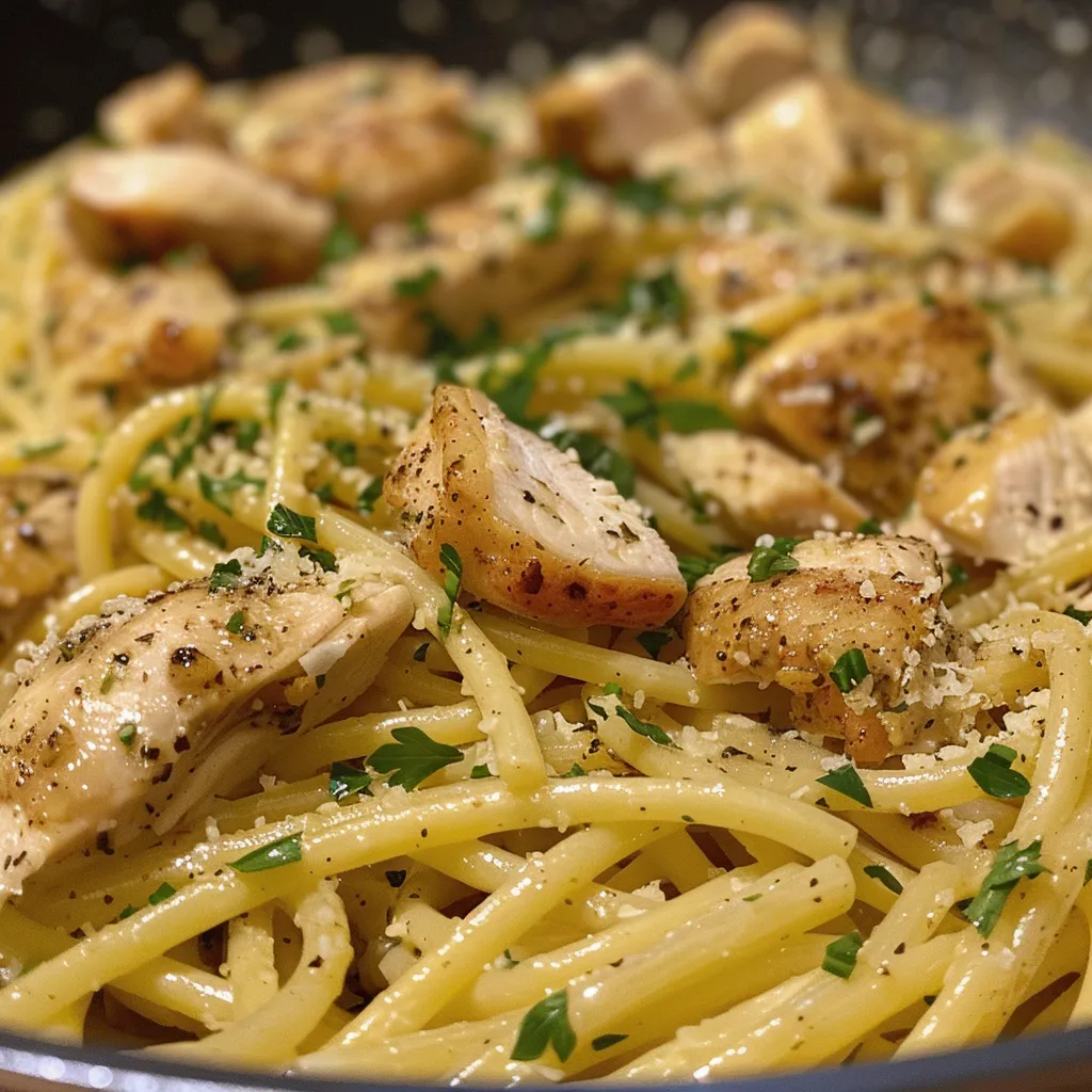 Vista lateral de Pasta de Pollo al Limón, resaltando la salsa cremosa y el queso parmesano.
