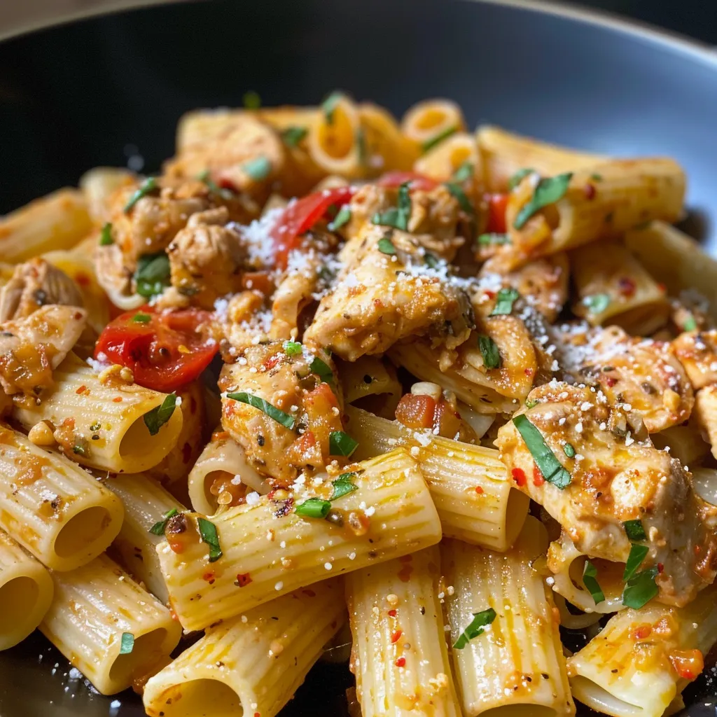 Primer plano de un plato de Pasta de Pollo Toscana con trozos de pollo y espinacas.