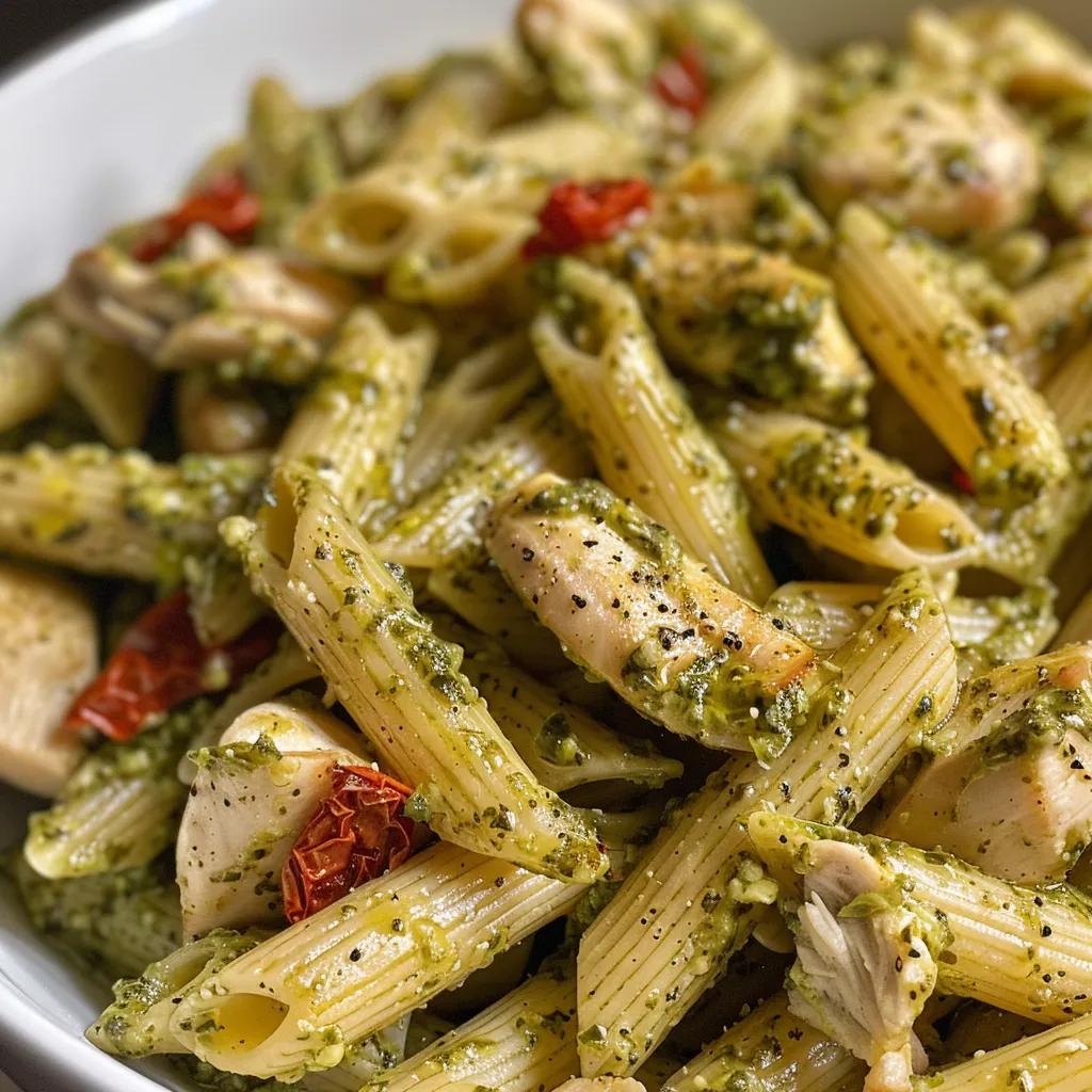 Plato de pasta con pollo y pesto, decorado con queso.
