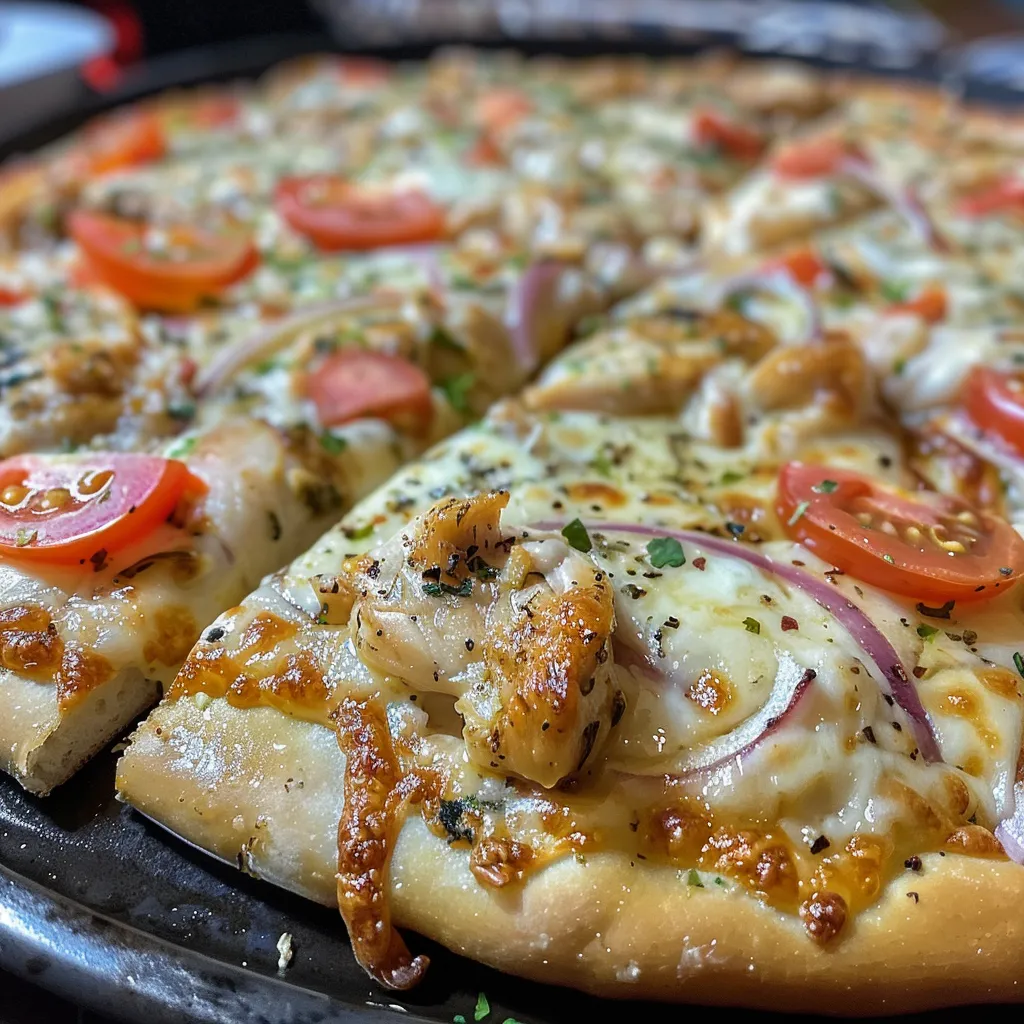 Pizza de pollo jugosa, vista lateral con ingredientes visibles.