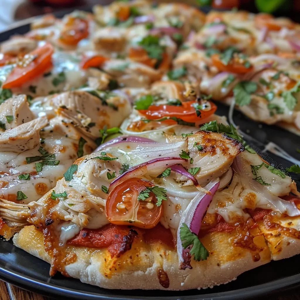 Close up de una pizza de pollo deliciosa con queso derretido.