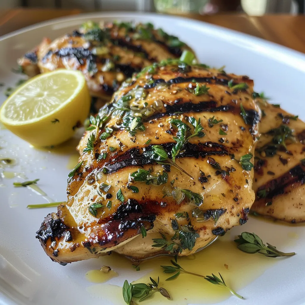 Pollo a la parrilla con aderezo de limón y hierbas, visto de lado.